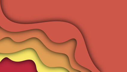 Abstract image features a layered, papercut design with curved, overlapping shapes in shades of red, orange, and yellow. The layers create a sense of depth and dimension.