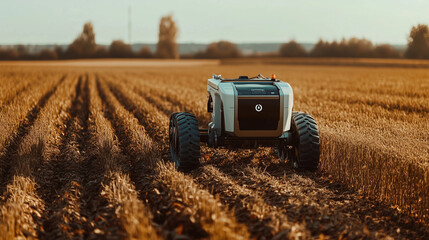 Obraz premium A futuristic robot harvesting in a field. AI Worker. Robot work