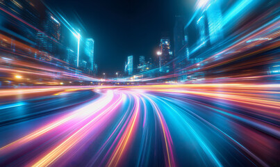 Neon-lit city streets with futuristic motion blur and glowing light trails at night