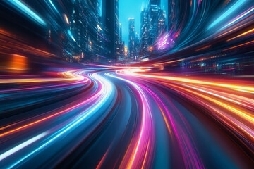 Neon-lit city streets with futuristic motion blur and glowing light trails at night
