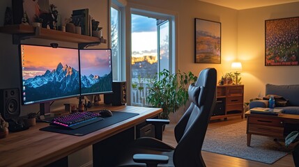 A cozy workspace with dual monitors, a gaming keyboard, and a warm living area.