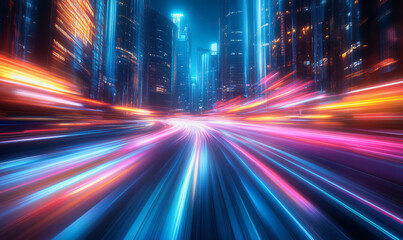Fototapeta premium Neon-lit city streets with futuristic motion blur and glowing light trails at night