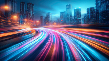 Obraz premium Neon-lit city streets with futuristic motion blur and glowing light trails at night