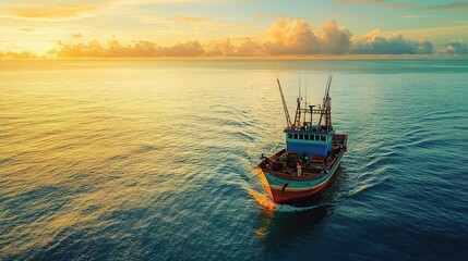 Obraz premium A fishing boat navigates calm waters at sunset, showcasing tranquil maritime beauty.