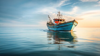 Fototapeta premium A fishing boat navigates calm waters during a serene sunset.