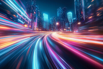 Fototapeta premium Neon-lit city streets with futuristic motion blur and glowing light trails at night