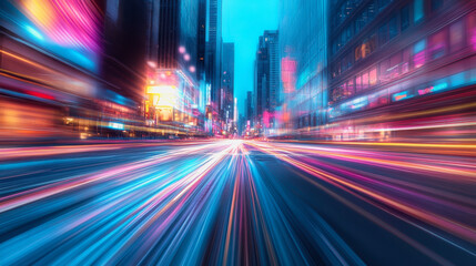 Fototapeta premium Neon-lit city streets with futuristic motion blur and glowing light trails at night
