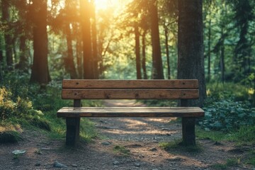 a serene forest setting with a rustic wooden bench, ideal for reflection and mindfulness banner with space for text