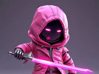Cute 3d robot hooded assassin dressed in pink with neon glowing sword