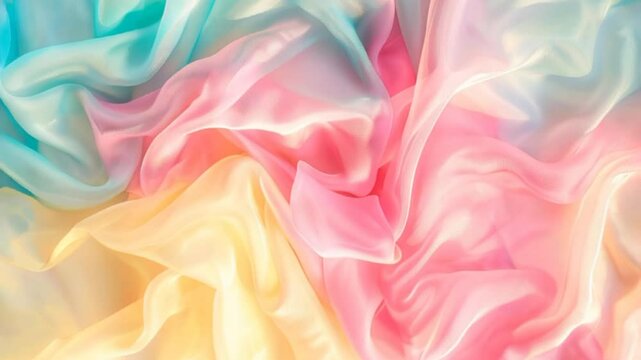 Video delicate multicolored organza chiffon fabric background with swirl creased texture. Sewing fashion clothes making wedding women's apparel concept