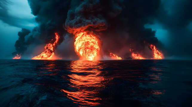 Massive oil fire on ocean surface with towering flames and black smoke. Dramatic scene of burning petroleum spill at sea. Environmental disaster reporting and marine pollution awareness