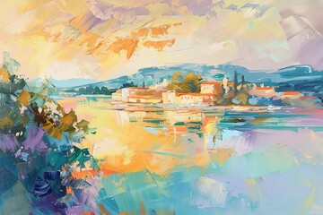 Mountain lake, hills and mountains, upland Landscape. Oil on canvas, modern art, watercolor painting