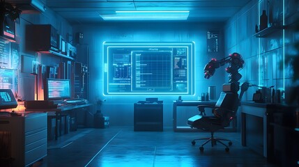 A high-tech interrogation room, bathed in neon blue light. Holographic AI assistants display suspect data, while robotic arms prepare syringes for truth serum