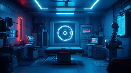 Fototapeta premium A high-tech interrogation room, bathed in neon blue light. Holographic AI assistants display suspect data, while robotic arms prepare syringes for truth serum