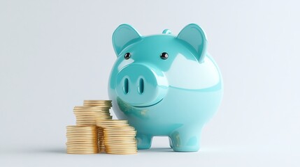 A cute blue piggy bank accompanied by stacks of gold coins, symbolizing saving and financial planning.