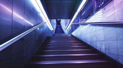 Obraz premium Modern Staircase with Neon Lighting in Urban Setting - Futuristic Atmosphere and Contemporary Design