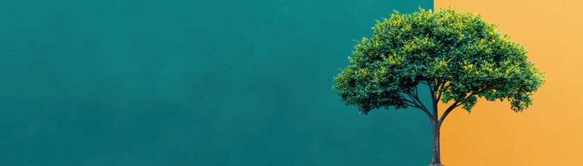 Obraz premium A vibrant tree stands against a contrasting background of green and yellow, symbolizing nature's beauty and resilience.
