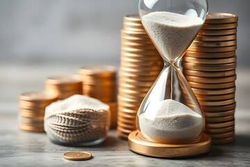 An hourglass with flowing sand next to stacks of gold coins, representing the concepts of time, money, and investment. - Powered by Adobe