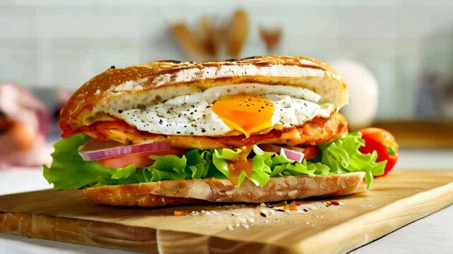 Video delicious sub sandwich with chicken fried egg tomatoes onions and lettuce with spicy sauce in toasted roll. Cozy homely atmosphere