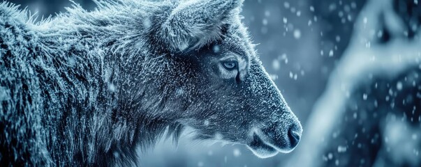 A close-up view of a sheep amidst a snowy landscape, showcasing its woolly texture and serene expression in a tranquil winter setting.