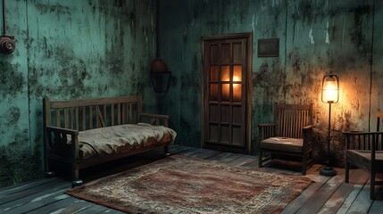 Fototapeta premium A vintage interrogation room with creaking wooden furniture, dim oil lamps, and a tense political prisoner exchange. The room feels cold and isolated
