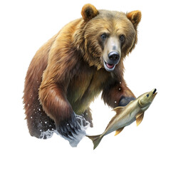 Brown Bear Catching Salmon - Digital Painting Isolated on White Background, bear, salmon, wildlife, predator