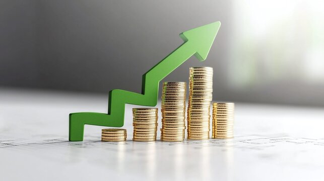 A financial growth concept illustrated by stacked coins and an upward trend arrow representing increasing value and prosperity.