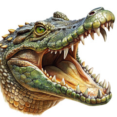 Fototapeta premium Crocodile Head with Open Mouth, Watercolor Illustration, Isolated on White Background, Reptile, Animal, Predator, Teeth, Jaw