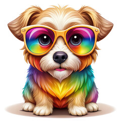 Cute Rainbow Dog Wearing Sunglasses Isolated on White Background, Dog, Pet, Rainbow, Cartoon