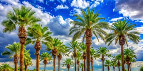 Fototapeta premium Palm trees with vibrant green foliage and spindly branches stand tall against a bright blue sky with puffy white clouds in mid-desert.