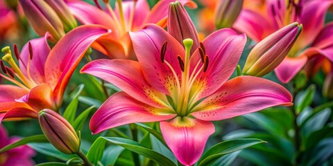 In this intimate photograph, the Asiatic lily's pink petals open delicately, showcasing the striking orange stamens