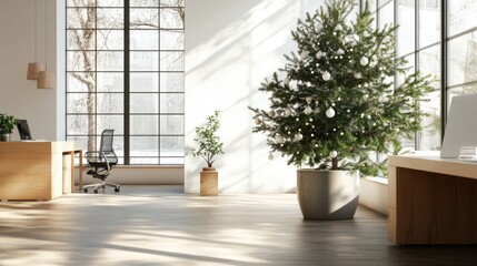 Open office space decorated for Christmas holidays with trees and ornaments, creating warm and festive atmosphere at workplace