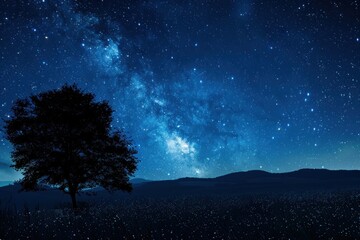 Starry night sky with the Milky Way and tree silhouette. Astronomy and cosmic landscape concept.