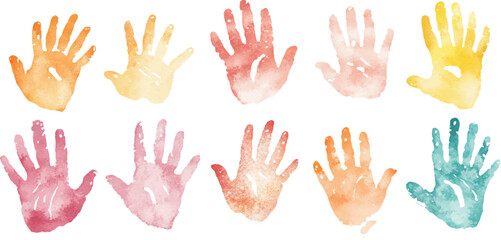 Obraz premium Set of colorful watercolor handprints on a white background