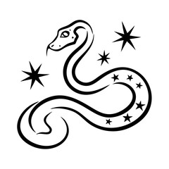 Obraz premium Celestial Snake Mystically Coiled Among Stars Black and White Illustration