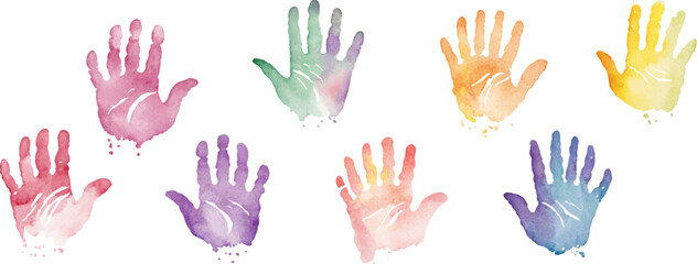 Fototapeta premium Set of colorful watercolor handprints on a white background