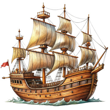 recommend clip art: Hand-Drawn Wooden Sailing Ship with Full Sails Isolated on White Background, ship , sailing , boat , nautical