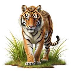 Naklejka premium Majestic Tiger Walking Through Grass Isolated on White Background, tiger, animal, wild, predator