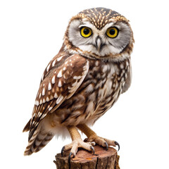 Fototapeta premium Northern Hawk Owl, Perched on a Log, Isolated on White Background, Northern Hawk Owl, Bird, Wildlife, Nature, Photography