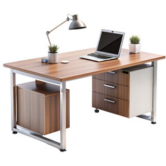 Modern Wooden Office Desk with Laptop, Lamp and Plants Isolated on White Background, office desk, workspace, home office, furniture