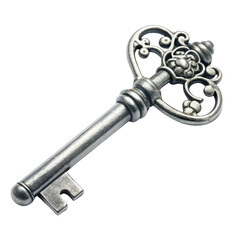 Ornate Silver Key Isolated on White Background, Antique Key,  Vintage Key,  Metal Key, Key Design