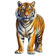 Obraz premium Majestic Tiger Standing Isolated on White Background, tiger, wildlife, animal, predator, endangered species