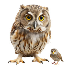 Fototapeta premium Owl and Little Bird Portrait, Isolated on White Background, Bird, Animal, Wildlife, Nature