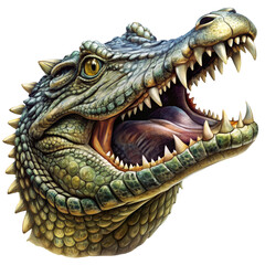 Fototapeta premium Realistic Crocodile Head with Open Mouth Isolated on White Background, crocodile, reptile, predator, danger