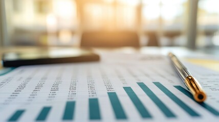 Fototapeta premium Close-up of financial charts, pen, and smartphone on desk