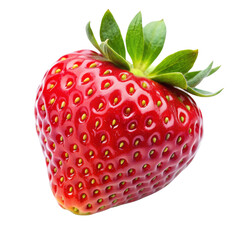 Single Red Strawberry with Green Leaves Isolated on White Background, fruit , berry , red , food