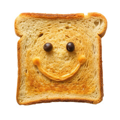Smiling Toasted Bread with Chocolate Chip Eyes Isolated on White Background, toasted bread, bread, breakfast, snack