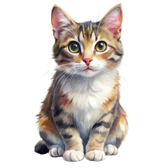Obraz premium Watercolor Painting of a Tabby Kitten Sitting Isolated on White Background, watercolor painting, kitten illustration, cute cat, pet art