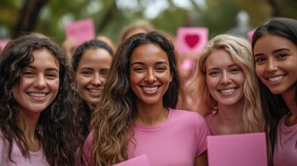 Fototapeta premium Empowering Diversity: Women Supporting Breast Cancer Awareness in Pink Shirts at Park Rally