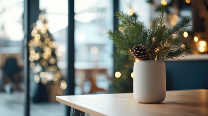 Open office space decorated for Christmas holidays with trees and ornaments, creating warm and festive atmosphere at workplace